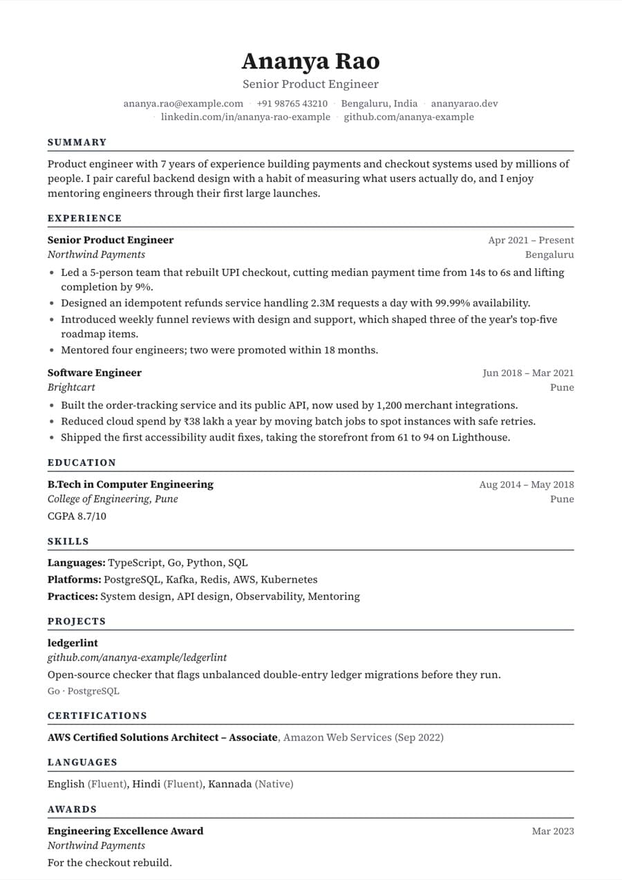Classic resume template preview with an example resume