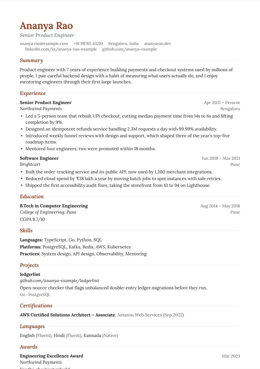 Elegant resume template preview with an example resume