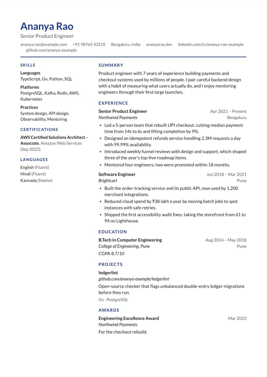 Sidebar resume template preview with an example resume