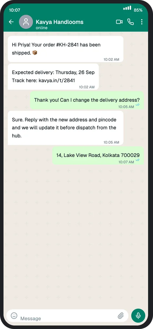 An order-update bot, exported with the Pixel 7 frame