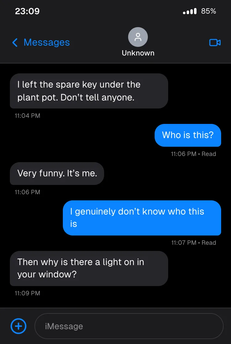 iMessage (dark): "the wrong number" story