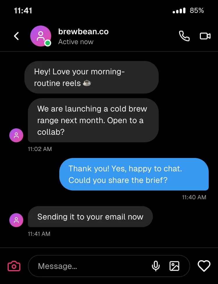 Instagram DM (dark): brand collab outreach to a creator